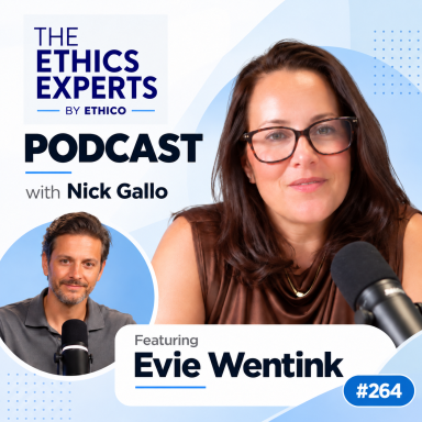 Square promotional graphic for The Ethics Experts Podcast by Ethico, featuring Evie Wentink as the guest and Nick Gallo as host. 